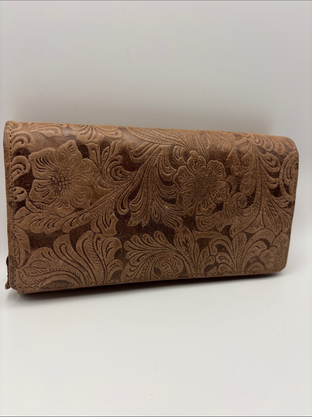 Access Denied Brown Embossed Floral Suede Wallet RFID Block